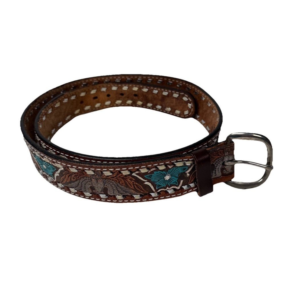 Western Belt Tooled Leather Silver Eagle Turquoise Flower Accents 1.75" Wide‎
